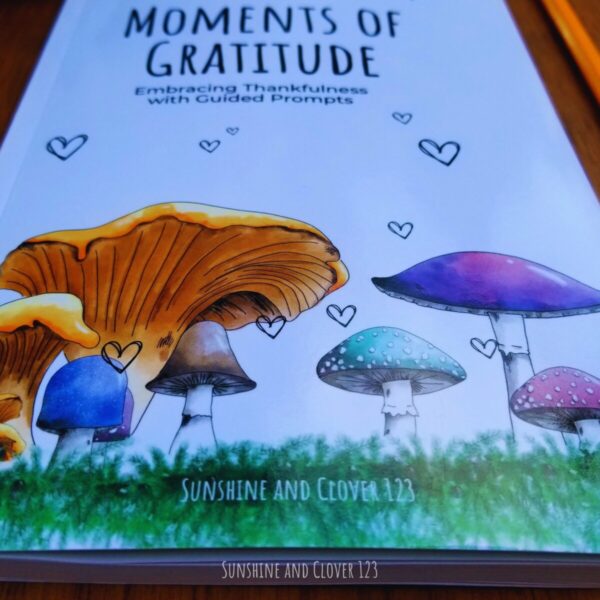 Moments of gratitude journal includes colorful hand illustrated mushrooms on the front cover with little doodle hearts rising up and mushrooms set in moss.
