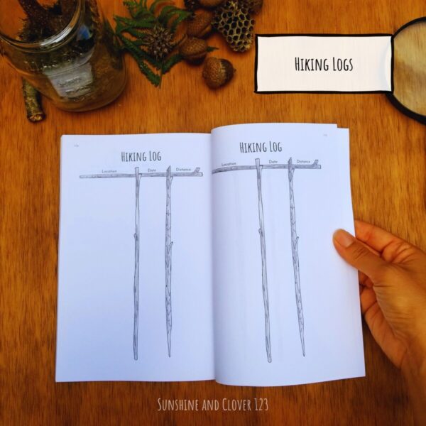 Nature journal and nature activity book includes hiking logs near the back of the book for quick reference. Note location, date, and distance. Table looks like it is made up of mossy walking sticks.