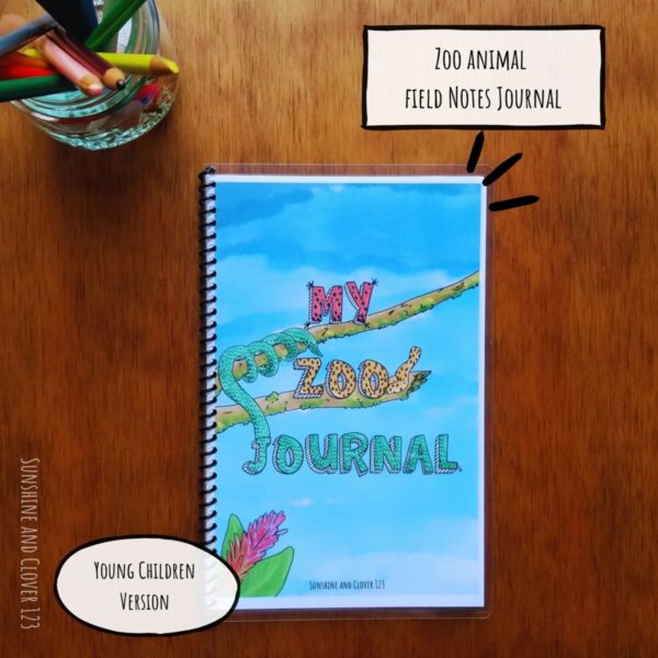 This journal for kids is titled my zoo journal and has words that look like animals on the front cover. The zoo animal field notes journal is made for younger children and has a sky blue background on the cover.