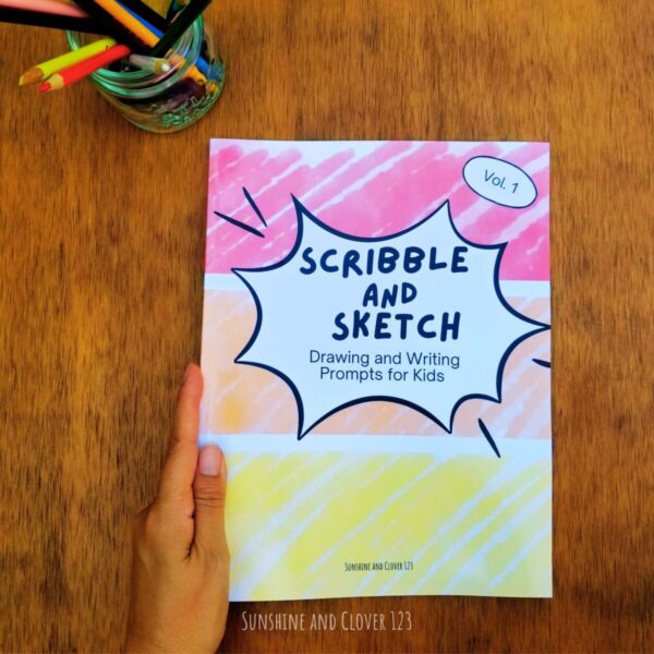 Front cover picture of scribble and sketch drawing ad writing prompts for kids. Red, orange, and yellow bands of scribble color and a comic style accent behind the title.