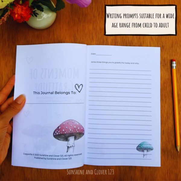 Writing prompts in the gratitude journal are suitable for a wide range of ages. This journal belongs to section is included in the front of the journal.