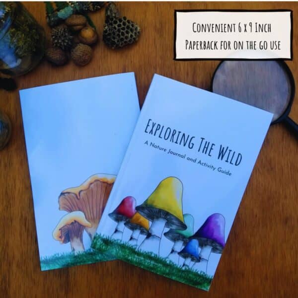 Comes in convenient six by nine inch paperback for on the go use. Colorful mushrooms in rainbow colors on the front cover set in moss, with a copper colored mushroom decorating the back cover. Titled Exploring the Wild.