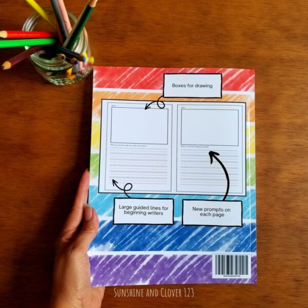 Prompted kids journal has the rainbow banding on the back cover as well as interior page examples. Large guided lines for beginning writers and new prompts on each page.