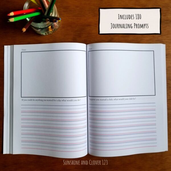 This journal for children contains 180 journaling prompts with drawing boxes above each prompt and large guided writing lines below each box.
