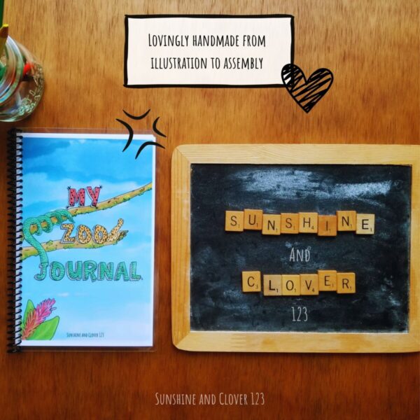 My zoo journal is lovingly handmade from illustration to assembly by Sunshine and Clover 123.