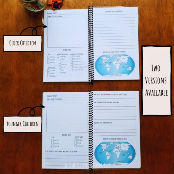 Zoo journals are available in two versions. One version is intended for older children and the other for younger explorers. There is a slight difference is layout and prompted on the pages.