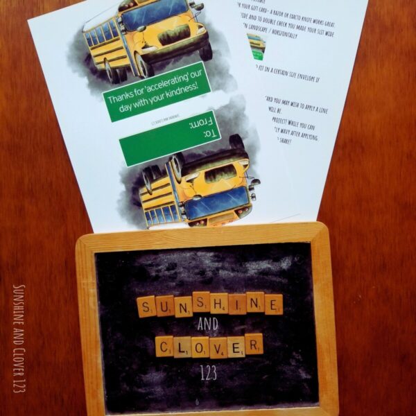 Hand illustrated school bus driver card by Sunshine and Clover 123.