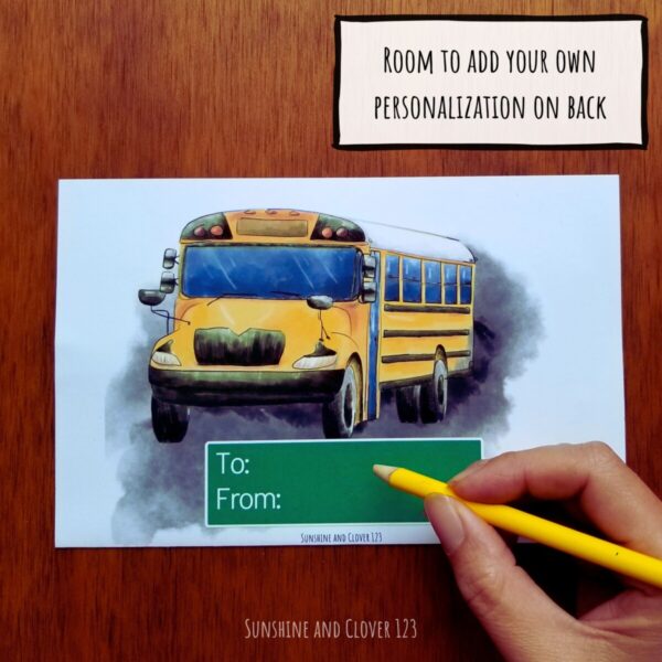 Gift card holder for school bus drivers includes room on back to personalize. Hand illustrated school bus with white background has gift card emerging from the bus door. Has a green street sign style area to fill in for to and from.