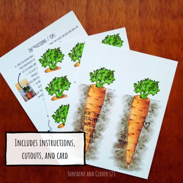 Printable thank you card for teachers includes assembly instructions, a cutouts page, and the main card page. This thank you card features a carrot and the wording for the teacher who's always root-ing for us.