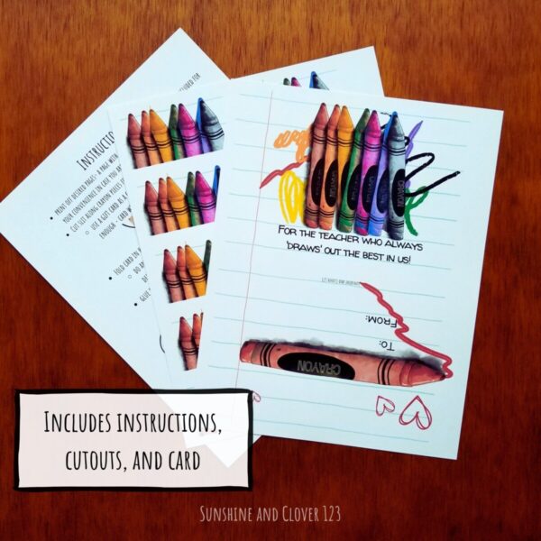 Teacher appreciation card template includes the instructions, cutout page, and the card page. Thank you card has hand illustrated crayon design.