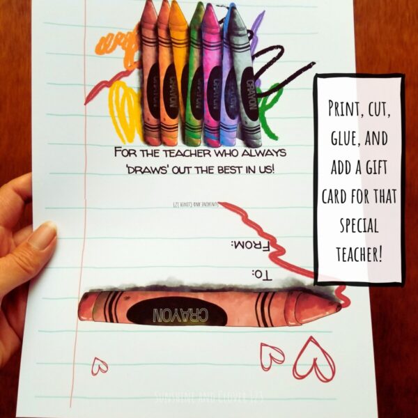 Thank you card for teachers comes in playful crayon theme and just needs printed, cut, and glued as per the instructions provided in your file.