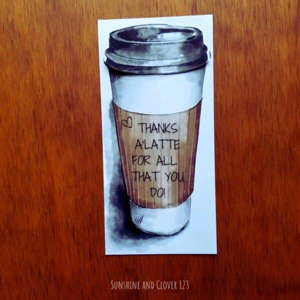 Coffee card thank you gift card holder includes hand illustrated disposable coffee cup and a message of appreciation.