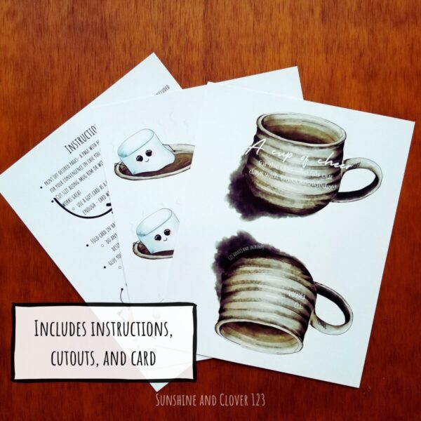 Teacher appreciation card in wintry theme includes instructions page, cutouts for gift card topper which are fluffy marshmallows floating in hot cocoa, and the card page which is a pottery style mug.