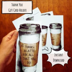 Thank you card in coffee theme doubles as a gift card holder and is available as an instant digital download. Card has hand illustrated disposable coffee mug design and a top that pulls off to reveal a gift card within.