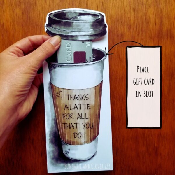 Gift card holder in coffee theme includes gift card slot.