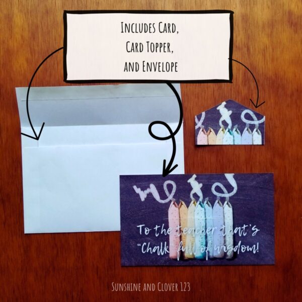 Gift card holder in colorful chalk design includes an envelope, card, and card topper.