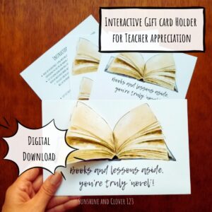 Teacher appreciation card features hand illustrated book that has an interactive element of flipping the pages on the book to reveal a gift card below. This thank you card is an instant digital download.