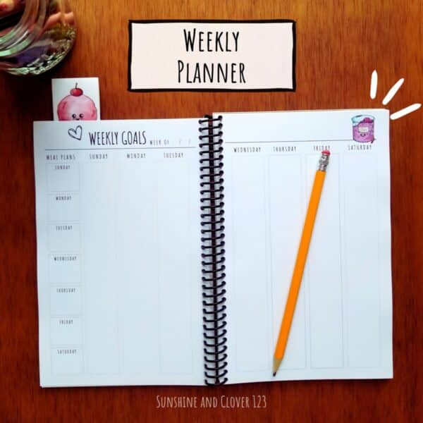 Kawaii style planner features weekly planning pages spread out over two pages with a column for meal planning and large blocks for each day of the week starting with Sunday. Pages feature hand illustrated kawaii style smiling foods.