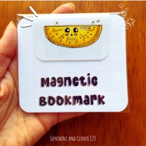 Magnetic bookmark with kawaii style illustration of a lemon slice making a sour face.