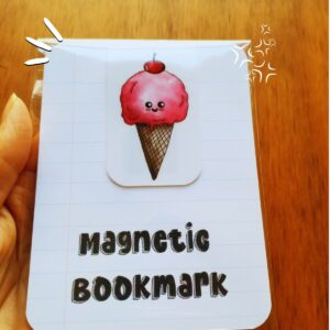 Magnetic bookmark with hand illustrated ice cream in kawaii style.