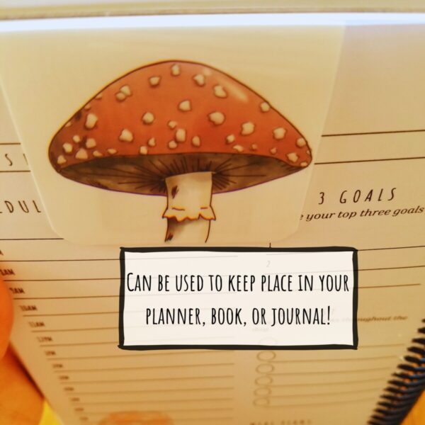 Magnetic bookmark can be used to keep place in your planner, novel, or journal and has a hand illustrated mushroom design.