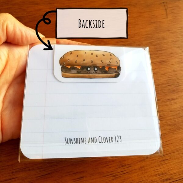 Cute magnetic bookmark with kawaii style illustration features a cheeseburger on both the front and backside.
