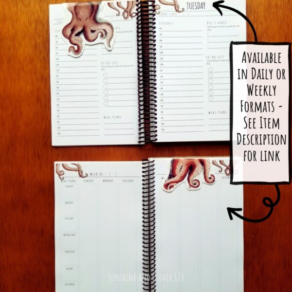 Planners in octopus design are available as a weekly planner or as a daily planner and are linked in the item description below.
