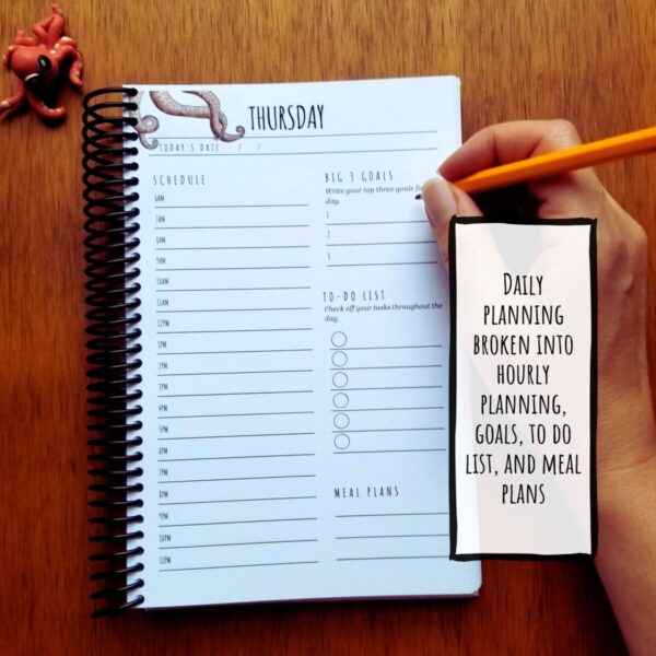 Daily planning pages broken into hourly planning, goals, to do list, and meal plans are provided on each page. There is room to write the date and the day of the week is provided at the top of the page.