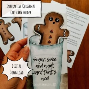 Christmas gift card holder featuring a hand illustrated gingerbread in a glass of milk. Gift card comes out of the glass of milk with the gingerbread person.