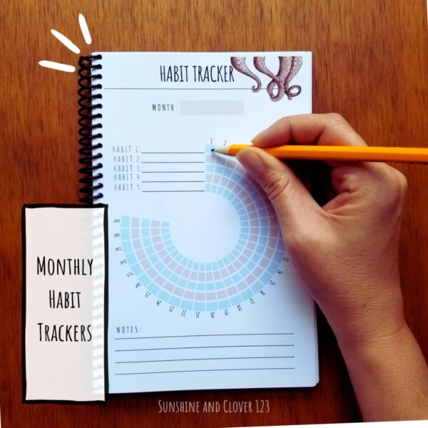 Monthly habit trackers are included at the end of each month. Page can log up to 5 habits and includes a notes section at the bottom of each page.