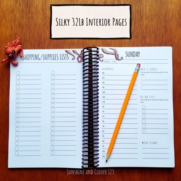 Planner includes silky 32lb interior pages. A shopping and supplies list page is shown alongside the start of a new week on Sunday.