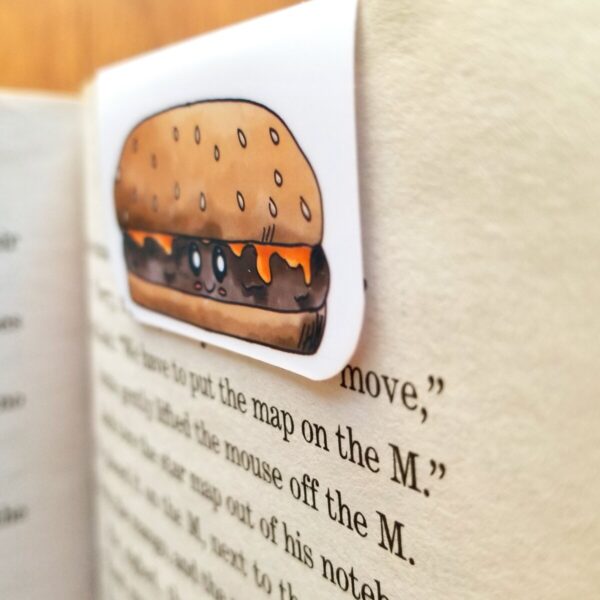 Kawaii magnetic bookmark features hand illustrated cheeseburger.