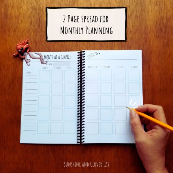 Monthly planning pages included and are spread out over two pages. there is a notes section and undated boxes.