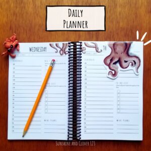 Daily planner in octopus theme includes a matching magnetic bookmark. Daily planning pages are broken into hourly, goals, to do, and meal planning.