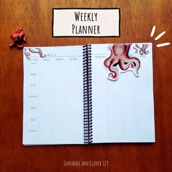 Weekly planner with octopus illustrations and matching octopus magnetic bookmark.