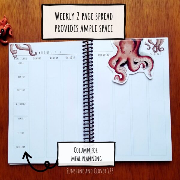 Meal planning is also included on every weekly planning page. Pages feature octopus tentacles hanging over the top of each page. A matching octopus magnetic bookmark is included.
